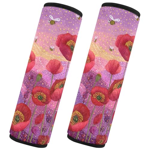 Image of 2 Pack Seatbelt Covers Seat Belt Cover Pad for Adults Boys Girls Car Seat Strap Covers Pads Cushion Universal Shoulder Strap Pad Protector for Backpack Camera Bag 6.5 Inch Poppy Flowers and Bees