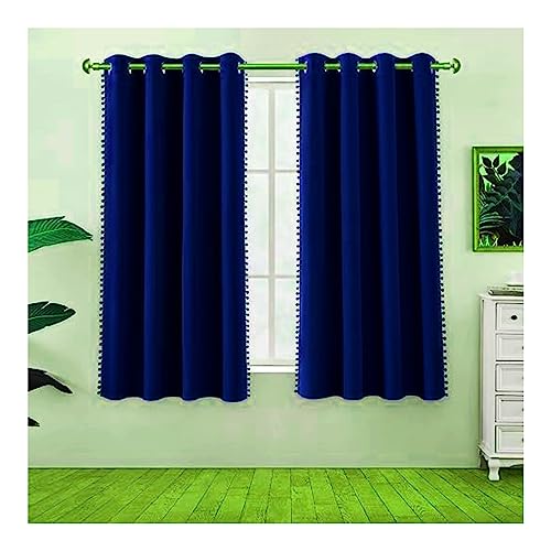 Image of Amazon Brand - Umi Velvet Eyelet Door Curtains with pom pom Lace for Living Room Bedroom Kitchen 1 pc Pack in Blue Color (Windows - 4 feet x 4 feet) | Blackout