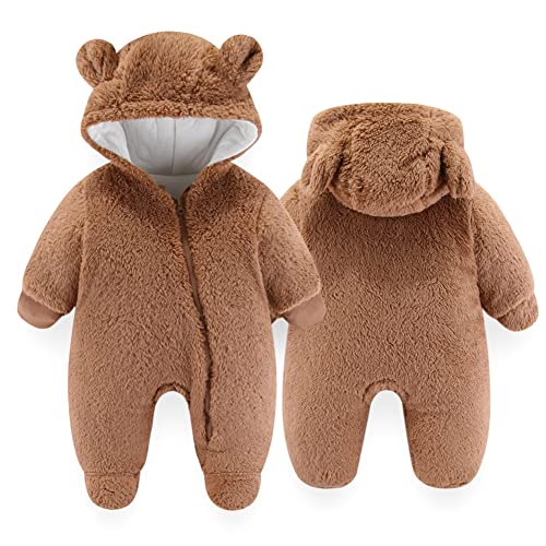 Image of UVIPC Newborn Baby Bear Fleece Outfit Footie Jumpsuit Winter Romper Snowsuit outfit Bear Suit Warm Hooded Outfits