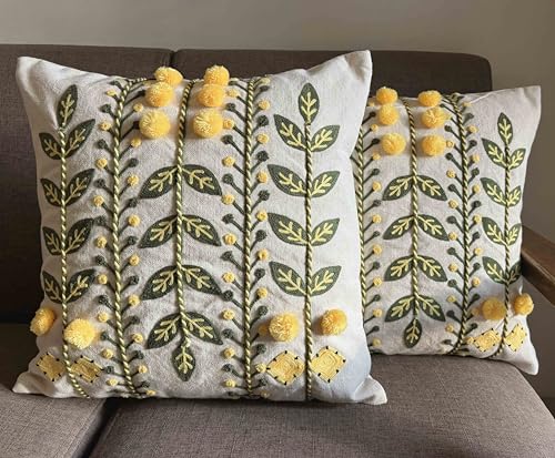 Image of Decorative Embroidered Cushion Covers | 16 x 16 inches | Crewel Work, Pom Poms, Dori Work | Luxury Home Decor for Couch, Sofa, Bed | Set of 2