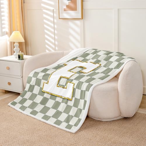 Image of Erosebridal Sage Green Checkered Fuzzy Plush Throw Plaid Initial E Fleece Blanket Personalized Monogram Sherpa Blanket for Kids Boys Girls,Fashion Grids Gingham Decor for Bed Couch Throw 50 inchx60 inch