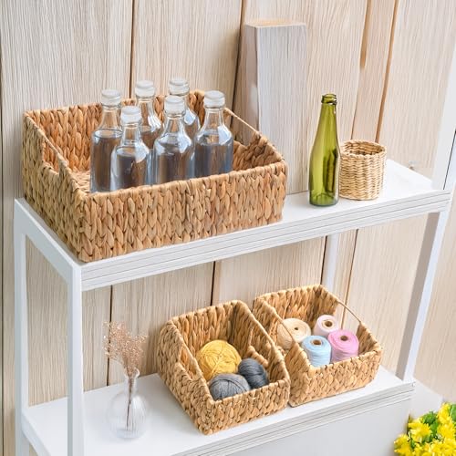 Image of KOKODO Rectangular Wicker Storage Baskets for Shelves, Set of 3 Water Hyacinth Woven Bins with Handles, Open Front Pantry Shelf Organizer for Closet, Bedroom, Boho Decorative, Natural