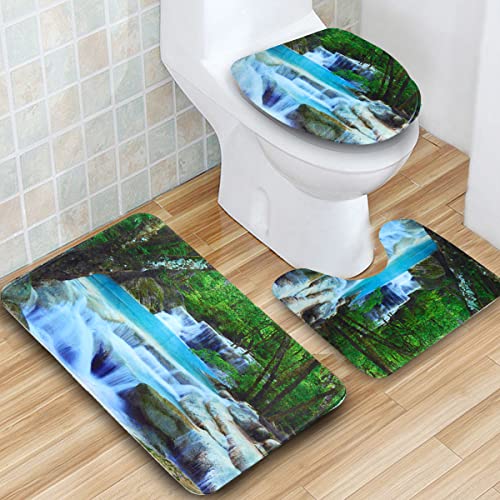 BSHAPPLUS 3-teiliges Badezimmer-Zubehör-Sets, 3D-Wasserfall-Landschaft, Badezimmermatten-Set mit rutschfesten Teppichen… – Bild 7