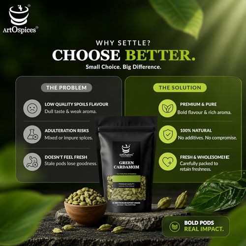 Image of ArtOspices Whole Green Cardamom (Elaichi) 500g | 8mm+ Kerala Cardamom Pods | Export Quality Spices | High Natural Oil Content | No Added Colour | Premium Cardamom for Cooking, Chai & Desserts