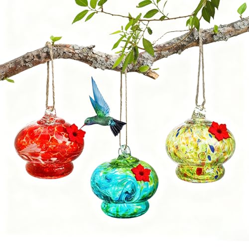 LOULIQIGIFT Glass Hummingbird Feeder with Flower Feeding Ports 3in Blown Glass Hummingbird Feeders for Outdoors Backyard Garden Decor Gifts for Women (3pcs)