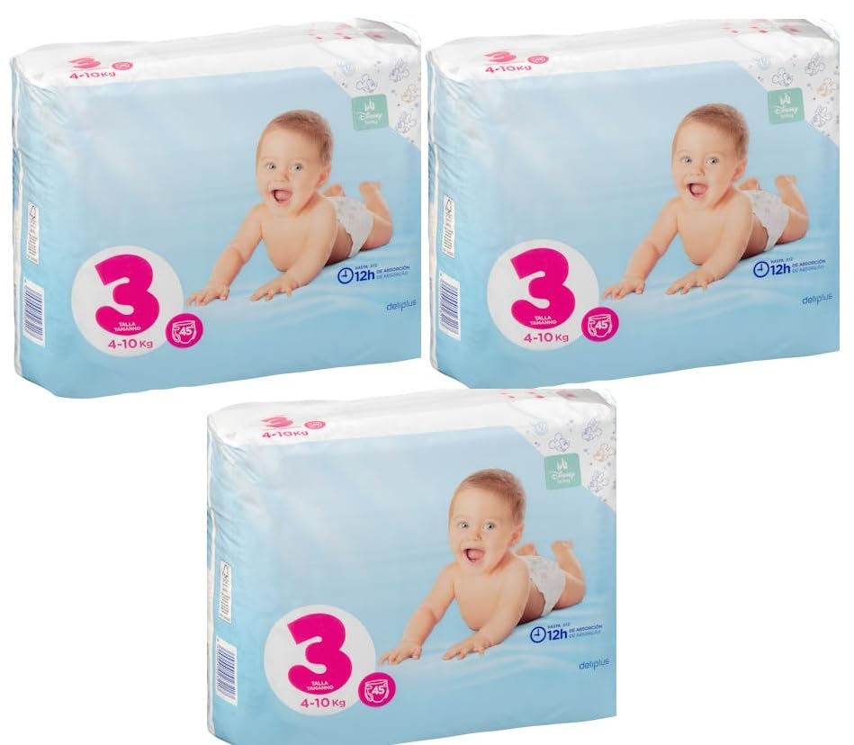 Pañales bebé talla 3 de 4-10 kg Deliplus | Pack 3 Paquetes = 135 Pañales