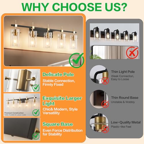 Image of SOLFART 40.1 inch Vintage Brass Bathroom Vanity Light fixtures Bathroom Wall Lights Over Mirror with Glass Shade 5 Light