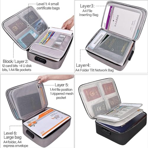 Image of Multipurpose Document Organizer Bag with Lock | A4 File Storage Bag with Multiple Pockets for Passport, USB, Cards | Waterproof & Fireproof Travel Folder | Black