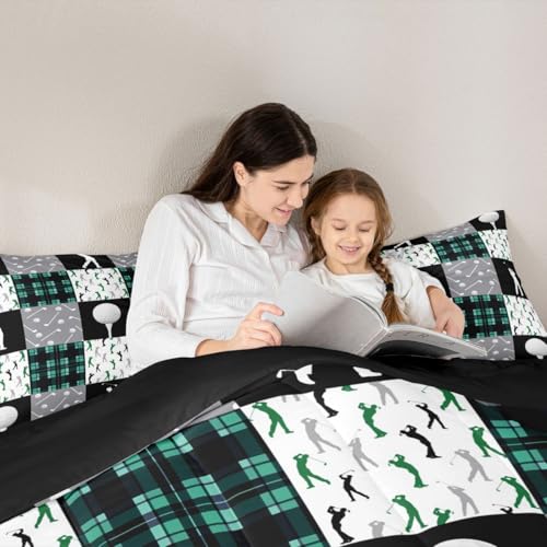 Image of Feelyou Golf Comforter Set Full Size Black Green Plaid Buffalo Check Geometric Bedding Set for Kids Boys Girls Sports Theme Duvet Quilt Bedroom Decor Microfiber 3 Pcs with 2 Pillow Cases
