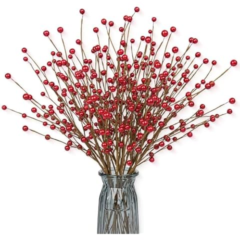 JINGHONG 24 Pack Christmas Tree Picks 17 Inch Red Berry Picks Artificial Holly Berry Stems for Xmas Tree Centerpieces Vases Floral Arrangements Winter Holidays Cover