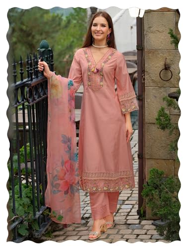 Image of INDO ERA Women's A-Line Cotton Blend Floral Embroidered Kurta & Pant With Dupatta Set (IEOUT11375)