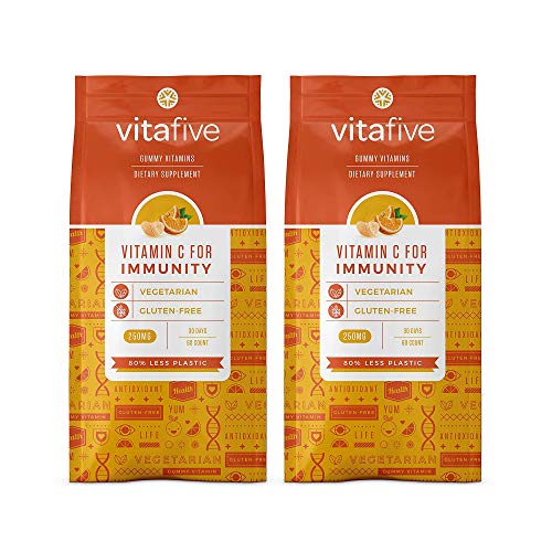Vitafive Immunity Vitamin C Gummies 250mg Immune Support for All Ages (2 Pack) Natural Orange Flavor Gummy, Vegetarian, Gelatin Free, Gluten Free, Allergen Free, Kosher, Halal