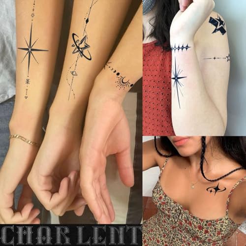 CHARLENT Semi-Permanente Tattoo – Realistische Fake-Tattoos, 2 Wochen Haltbar, Sternen-Tattoo für Frauen und Männer, Gesicht, Hals und Körper/Verblasst Natürlich/Keine Reflexion/Wasserfest