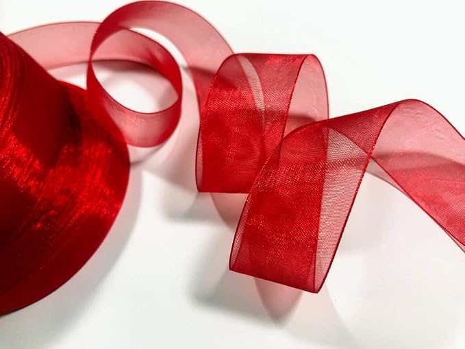 Image of Bells&Whistles Sheer Organza Ribbon | Pack of 2 | Length: 50 Yards Width: 1 inch | Christmas, Festive Decoration. (Rosy red)