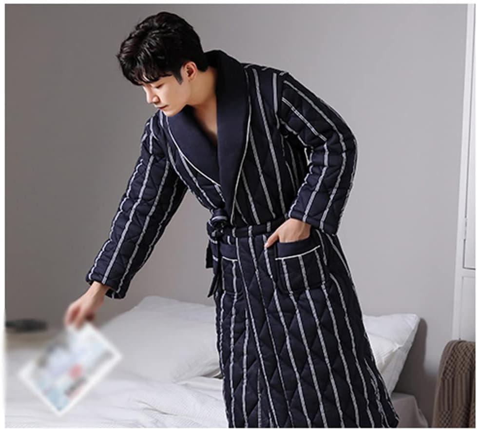 Thick 3-layer Warm Winter Stripe Bathrobe Men's Soft Cotton Quilted Long Kimono Bathrobe