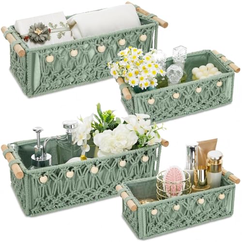 Vesici 4 Pcs Sage Green Macrame Storage Basket for Shelves 13" 11" Boho Storage Basket Hand Woven Boxes with Wood Handles Beads Decorative Countertop Toilet Cabinet Organizer for Home Bathroom Decor