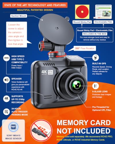 Image of ROVE R2-4K Dash Cam, 4K UHD 2160P Car Camera with 8MP CMOS Sensor, Built-in WiFi 6 and GPS, Dash Camera For Cars with 2.4 inch Screen, Super Night Vision, 150 inch Wide Angle, Parking Mode, Supports 512GB Max