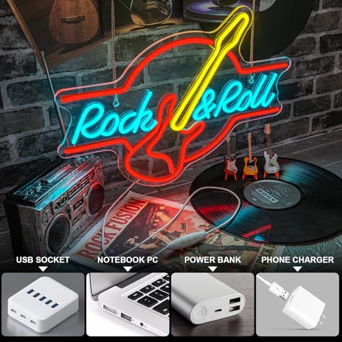 Image of Guitar Rock and Roll Neon Sign Music LED Neon Light Wall Decor for Party | Guitar shape light up sign, music room decoration for bars,music studios, man caves, parties, adjustable brightness, USB