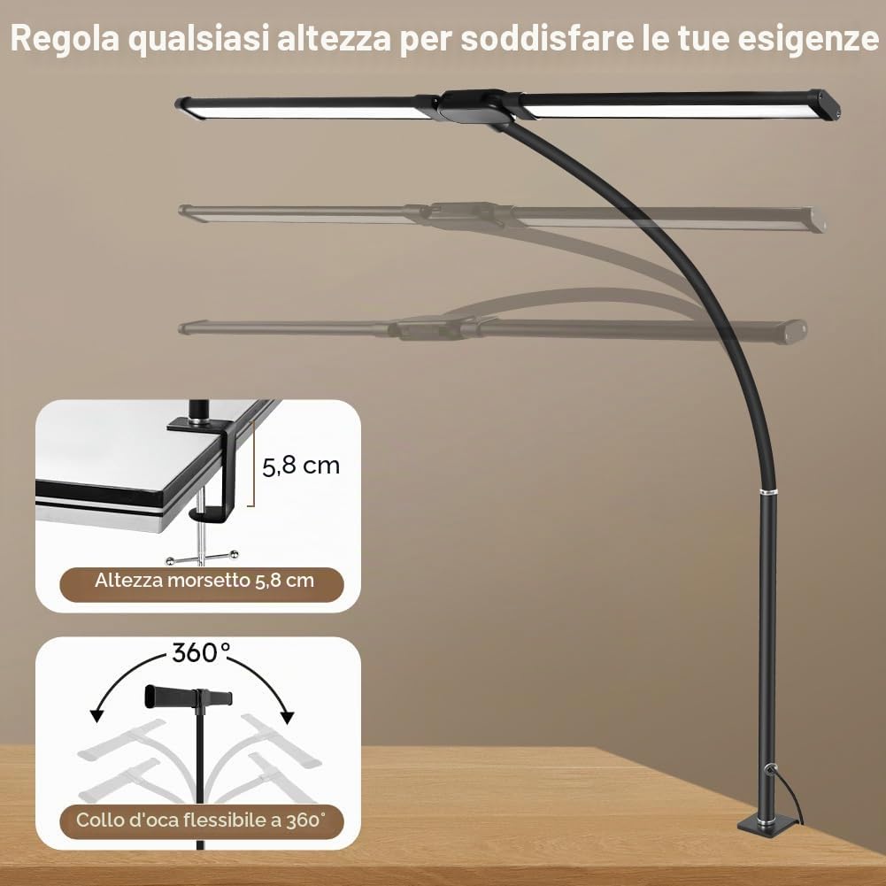 Lampada da Scrivania LED, 160 LED lampada da scrivania a doppia testa, 1200 LM, con Morsetto e Telecomando, 30 Modalità, 360° collo di cigno, Porta USB/Timer, per Lavoro Studiare o Leggere