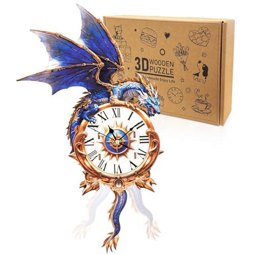 Cutywood 3D Puzzles for Adults Clock-Blue Dragon Design Model Kit-Mechanical DIY Pendulum Clock with Roman Numerals-Desk Home Office Decor Personalized Gift for DIY Lovers