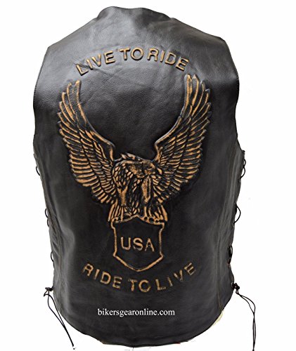 Men's Motorcycle Bikers Retro Brown Leather Vest W/Side LACE Eagle Embossed Back (52 Regular)