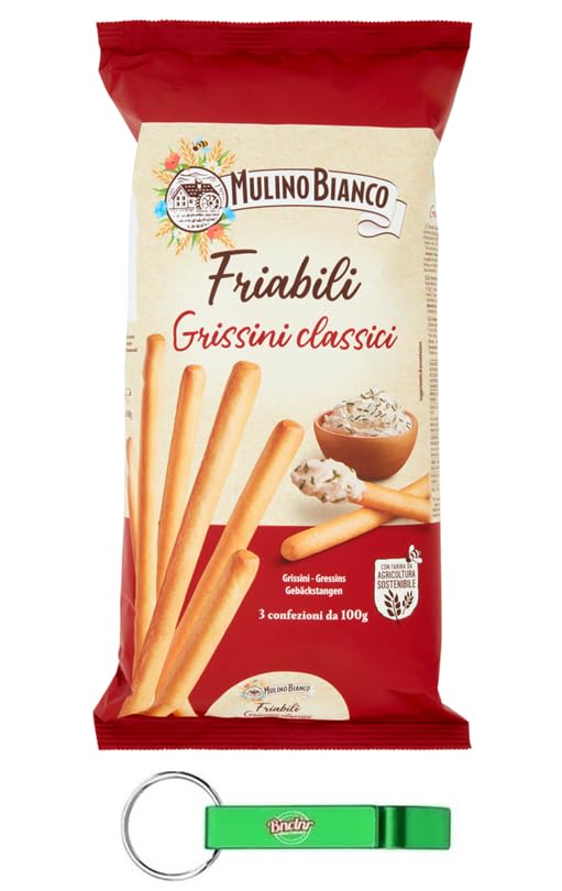 Mulino Bianco Friabili Grissini Classici – Grissini de tipo 0 – Crujientes y llenos de sabor – Snack Breadsticks paquete de 300 g + llavero Beni Culinari gratis
