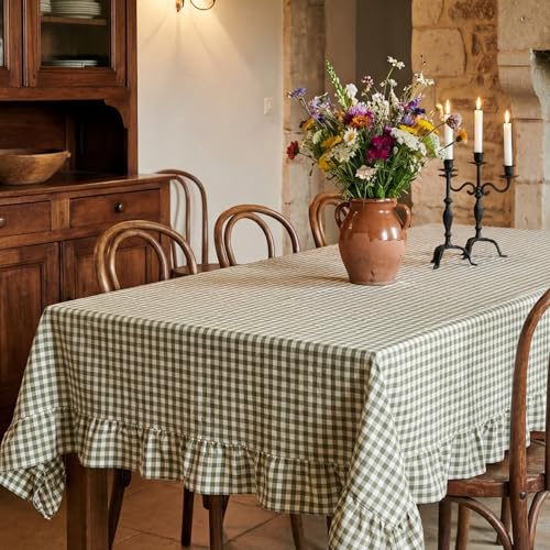 Mindsoft Plaid Ruffled Table Cloth Cotton Linen Fabric Checkered Gingham Tablecloth Farmhouse Vintage Buffalo Plaid Decorative Table Cover for Dining Room Party(52 x 70 Inches Sage Green)