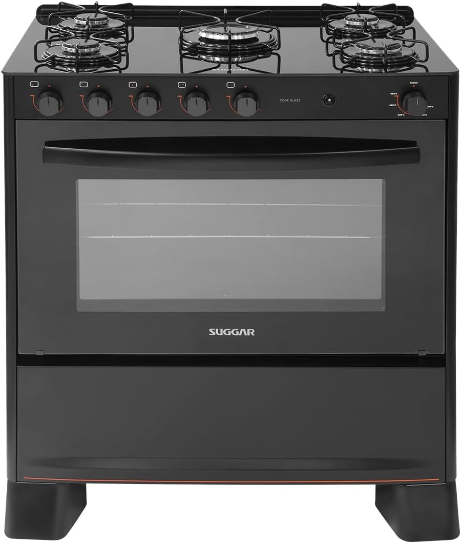 SUGGAR FOGÃO COOK GLASS PRETO MESA DE VIDRO 5 BOCAS MEGA CHAMA TREMPE 6 APOIOS ACENDIMENTO AUTOMÁTICO FGVCG510PT