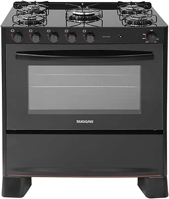 Regional Suggar Fogão Cook Glass Preto Mesa De Vidro 5 Bocas Mega Chama Trempe 6 Apoios Acendimento Automático