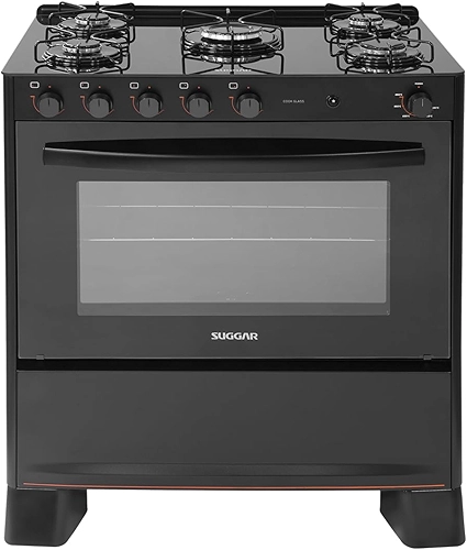 SUGGAR FOGÃO COOK GLASS PRETO MESA DE VIDRO 5 BOCAS MEGA CHAMA TREMPE 6 APOIOS ACENDIMENTO AUTOMÁTICO FGVCG510PT
