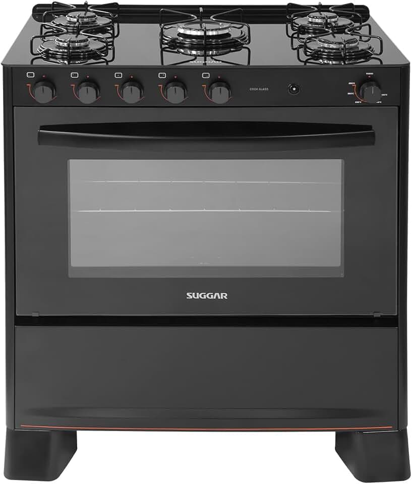 SUGGAR FOGÃO COOK GLASS PRETO MESA DE VIDRO 5 BOCAS MEGA CHAMA TREMPE 6 APOIOS ACENDIMENTO AUTOMÁTICO FGVCG510PT