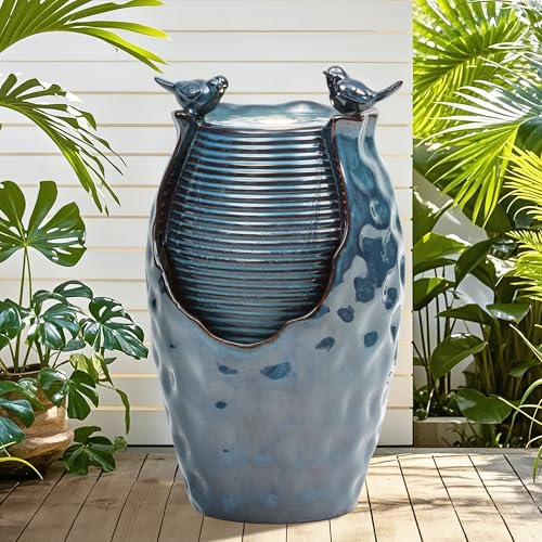 Autodaya 24.8' H Ceramic Jar Outdoor Water Fountain with LED Lights & Bird Accents, Elegant Turquoise Glaze with Bubble-Like Texture, Decorative Garden Water Feature