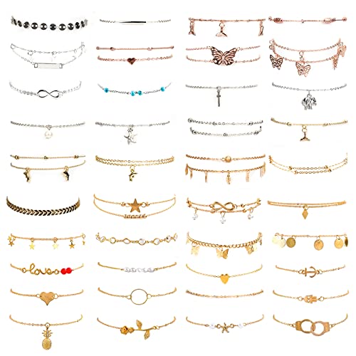 Esrich 40Pcs Ankle Bracelets For Women Girls Set, Gold Silver Rose Gold Three Style Jewelry Anklets For Women Beach Jewelry Gifts Adjustable Size Beach Anklet Set #TOP11