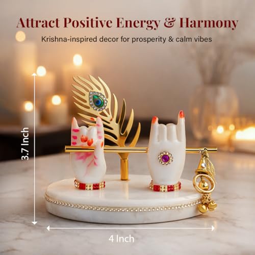 Image of HindCraft Krishna Hand Idol with Flute & Peacock Feather | Marble Finish Spiritual Showpiece for Home Decor, Temple & Gift
