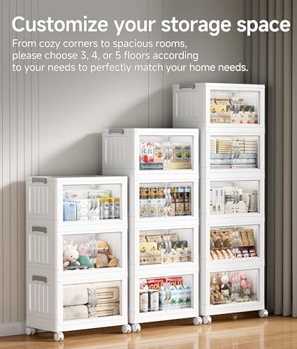 Hanyi 380 QT Stackable Storage Bins with Lids, 5 Tier Collapsible Plastic Storage Cabinet with Magnetic Doors, Removable Top Lid, Locking Wheels, Closet Organizer for Bedroom, Pantry, Office - Image 4