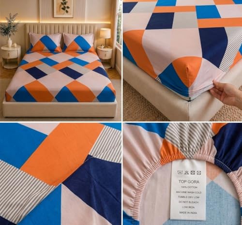 Image of Castiqa Elastic Fitted Supersoft Premium Brushed Cotton 200TC Double Bedsheets King Size 78x72 Inch with 2 Pillow Covers (Fits Upto Mattress of 10 Inches) (Peach)