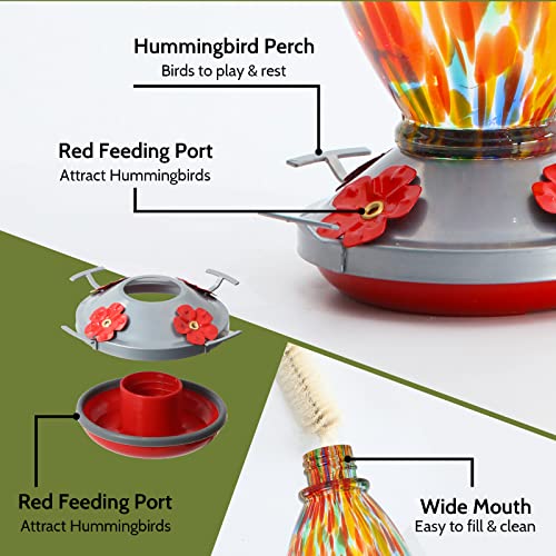 Birdkiss Hummingbird Feeder For Outdoors Hanging, Hand Blown Glass Hummingbird Feeder Ant Proof With Perch, 28 Fluid Ounces, Leak Proof, 4 Feeding Ports, Include Hook, Ant Moat, Rope, Brush #TOP2