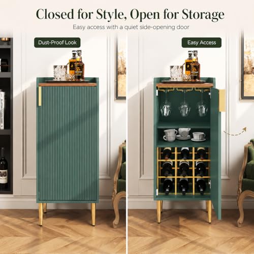 Image of ARTPOWER Mini Bar Cabinet for Apartment, Fluted Wine Bar Cart with Wine Racks & Wine Glass Holder, Modern Corner Liquor Cabinet for Living Room, Dining Room, Kitchenn(Green)