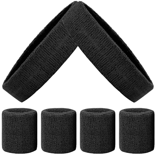 6 Pack Sports Wrist Sweatbands Set Headband Wristband Set, Moisture Wicking Sweat Bands 4 Tennis Wrist Sweatband + 2 Headbands, Athletic Terry Cloth Sweat Absorbing Head Band for Working Out