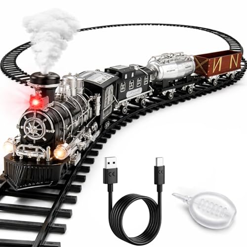 Image of Classical Electric Train Set for Boys - 16 Piece Railway Track Train Set with Light, Sound & Real Smoke Effect - Rechargeable Battery Operated Steam Engine Train Toy with Classic Track Gift