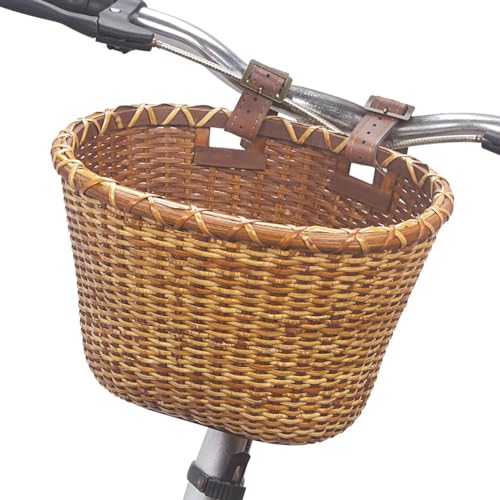 Livoccur Bike Basket - Cane Woven Handlebar Bicycle Storage with Adjustable Leather Straps and Buckles for Kids and Adults, Suitable for Small or Folding Bikes