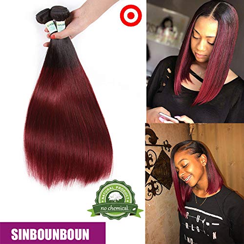3 Bundles Ombre Red Wine Burgundy Straight Brazilian One Donator Double Sided 100% Real Human Hair with Frontal Closure (T1B/99J,14" 14" 14" & Closure 12")