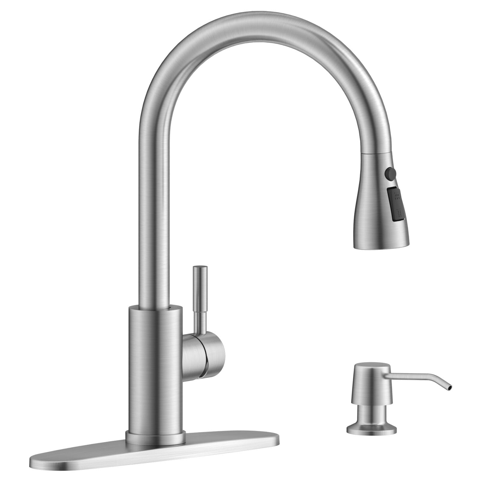APPASO Kitchen Faucet with Soap Dispenser, Pull Down Sprayer 3 Modes, Brushed Nickel High Arc Single Handle Gooseneck Stainless Steel Sink Faucets for Kitchen Farmhouse RV Laundry Camper