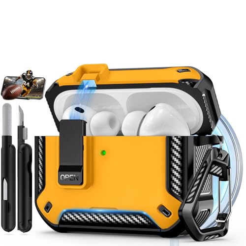 Image of for AirPods Pro 3 Case with Lock & Phone Stand(Yellow) | Automatic Snap Switch Lock,Carbon Fiber Texture Design Cover with Cleaner Kit,Compatible with MagSafe