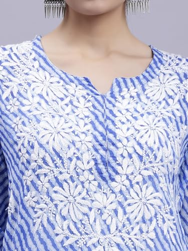 Image of Seva Chikan Hand Embroidered Lucknowi Chikankari Regular Fit Straight Malmal Cotton Kurta Kurti for Women SCL4458