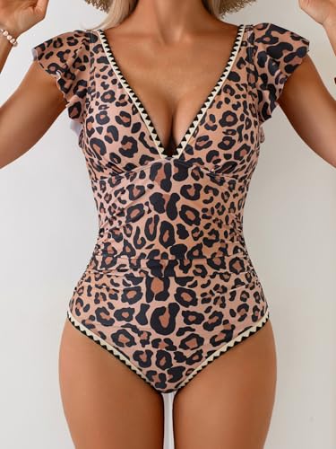 Image of Aidonger Women's One Piece Ruffle Swimsuit Tummy Control Bathing Suit V Neck Shell Stitched Swim Suit Slimming Swimwear