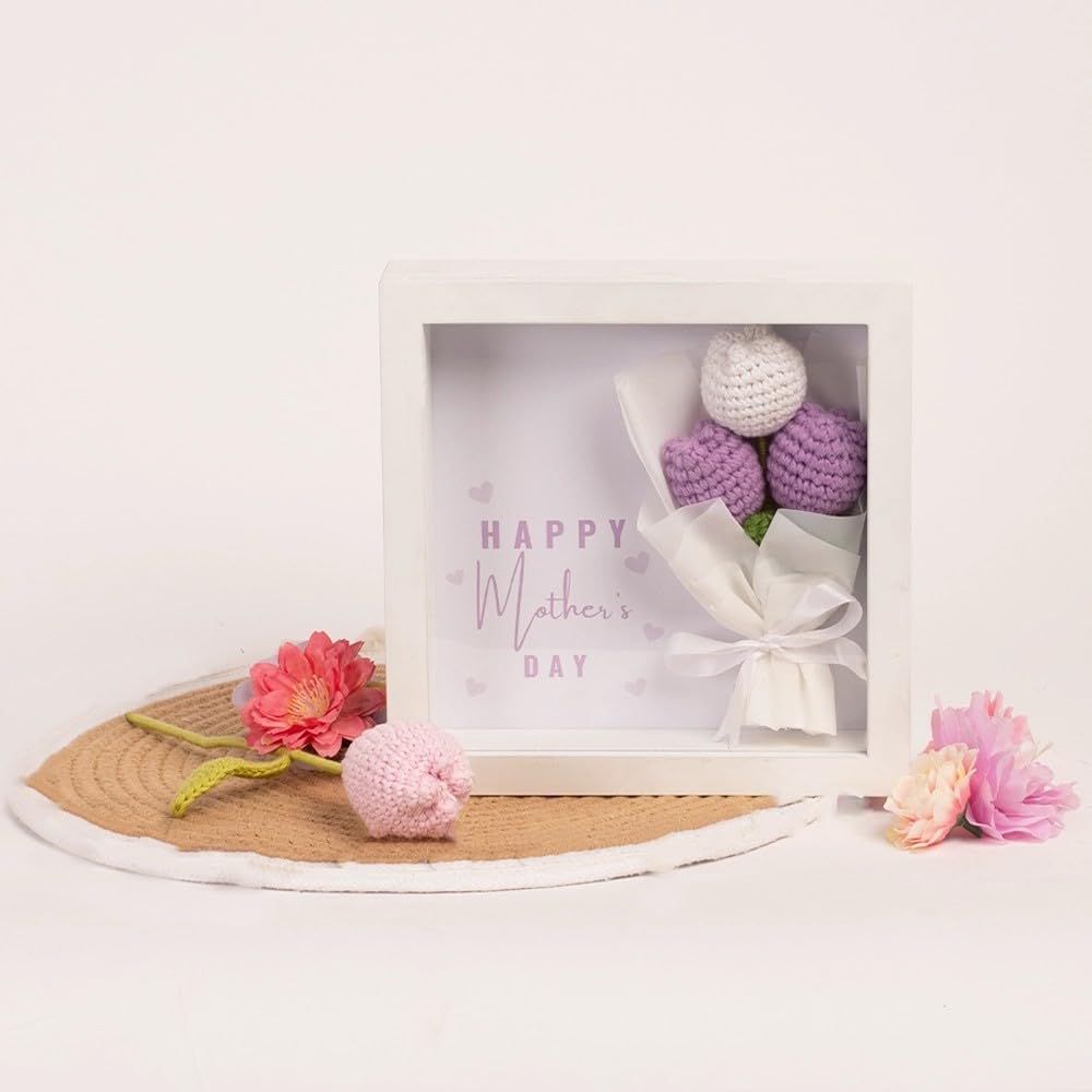 CONFETTI GIFTS Mothers Day Tulip Crochet Bouquet With White Frame Gift for Mom | Big Gift Hampers for Mother on Her Birthday-image-9
