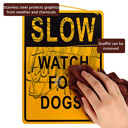 5 Pack Slow Down Signs for Pets, Slow Down Watch for Dogs Signs, Thick Metal Lawn Signs, 7 x 10 Inch High-Intensity Grade Reflective Yellow Aluminum Yard Signs for Sidewalks, Yards and Driveways - Thumbnail 4