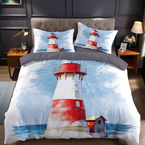 Funda nórdica Cama 180 Faro Pintado de Rojo Juego de 3 Piezas 240x260 cm en poliéster Suave y Transpirable,Funda edredón y 2 Fundas de Almohada, Ropa de Cama Juvenil