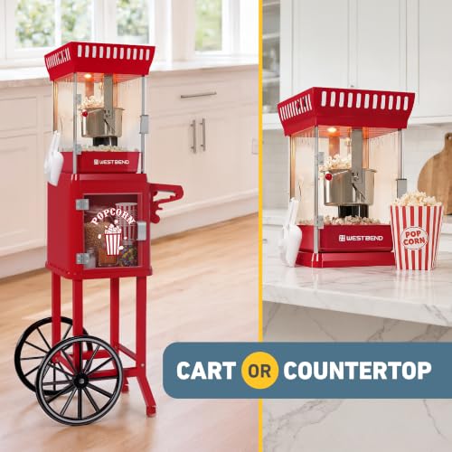 Image of West Bend Popcorn Cart Vintage Theater Style with 2.5 oz Stainless Steel Kettle, Removable Serving Tray, Built-In Storage, Portable Design, 10 Cup Capacity, in Red /Silver